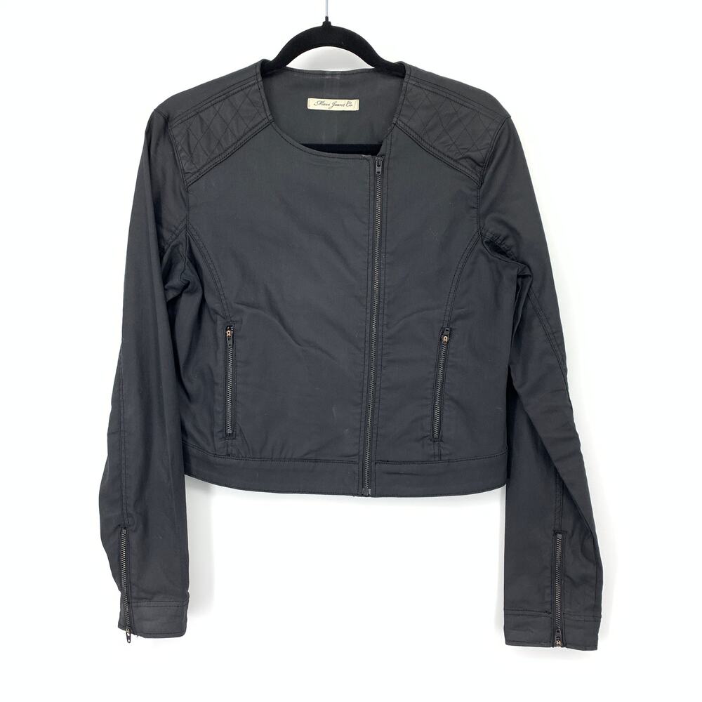 VTG Mavi Jeans Co Moto Jacket Womens Size M Zipper Details Coated Black Denim